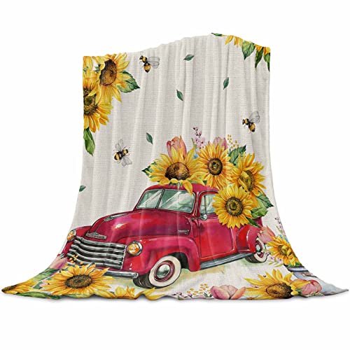 Amaze-Home Flannel Fleece Throw Blanket Sunflower Red Truck Summer Bee Warm Lightweight Breathable Bed Blanket Retro Cozy Fluffy Plush Blanket Perfect for Sofa/Bedroom/Car 40 x 50 inch