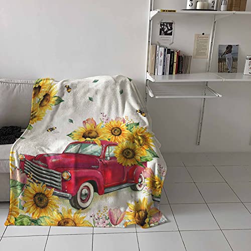 Amaze-Home Flannel Fleece Throw Blanket Sunflower Red Truck Summer Bee Warm Lightweight Breathable Bed Blanket Retro Cozy Fluffy Plush Blanket Perfect for Sofa/Bedroom/Car 40 x 50 inch