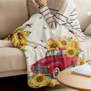 Amaze-Home Flannel Fleece Throw Blanket Sunflower Red Truck Summer Bee Warm Lightweight Breathable Bed Blanket Retro Cozy Fluffy Plush Blanket Perfect for Sofa/Bedroom/Car 40 x 50 inch