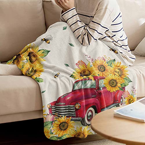 Amaze-Home Flannel Fleece Throw Blanket Sunflower Red Truck Summer Bee Warm Lightweight Breathable Bed Blanket Retro Cozy Fluffy Plush Blanket Perfect for Sofa/Bedroom/Car 40 x 50 inch