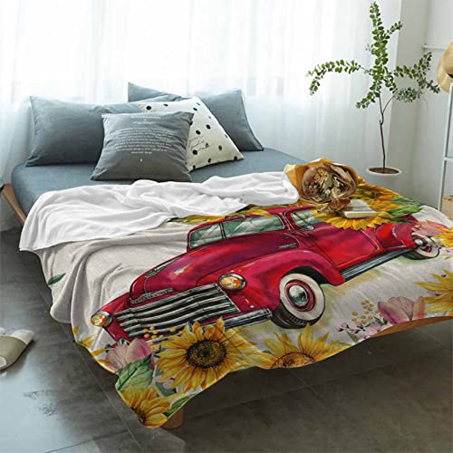 Amaze-Home Flannel Fleece Throw Blanket Sunflower Red Truck Summer Bee Warm Lightweight Breathable Bed Blanket Retro Cozy Fluffy Plush Blanket Perfect for Sofa/Bedroom/Car 40 x 50 inch