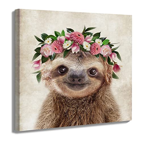 Oridomy Funny Sloth Wall Art Rustic Country Animal Canvas Print Sloth Wearing a Wreath Wall Decoration Vintage Animals Poster Collection Artwork for Bathroom Kitchen Kid's Room Nursery Decor 12x12inch