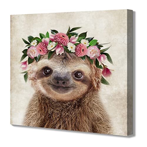 Oridomy Funny Sloth Wall Art Rustic Country Animal Canvas Print Sloth Wearing a Wreath Wall Decoration Vintage Animals Poster Collection Artwork for Bathroom Kitchen Kid's Room Nursery Decor 12x12inch