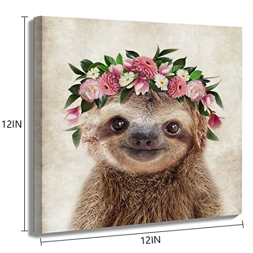 Oridomy Funny Sloth Wall Art Rustic Country Animal Canvas Print Sloth Wearing a Wreath Wall Decoration Vintage Animals Poster Collection Artwork for Bathroom Kitchen Kid's Room Nursery Decor 12x12inch