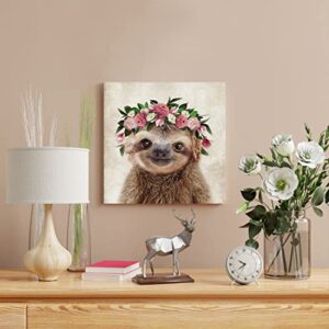 Oridomy Funny Sloth Wall Art Rustic Country Animal Canvas Print Sloth Wearing a Wreath Wall Decoration Vintage Animals Poster Collection Artwork for Bathroom Kitchen Kid's Room Nursery Decor 12x12inch