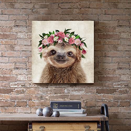 Oridomy Funny Sloth Wall Art Rustic Country Animal Canvas Print Sloth Wearing a Wreath Wall Decoration Vintage Animals Poster Collection Artwork for Bathroom Kitchen Kid's Room Nursery Decor 12x12inch