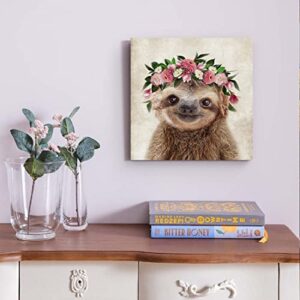 Oridomy Funny Sloth Wall Art Rustic Country Animal Canvas Print Sloth Wearing a Wreath Wall Decoration Vintage Animals Poster Collection Artwork for Bathroom Kitchen Kid's Room Nursery Decor 12x12inch