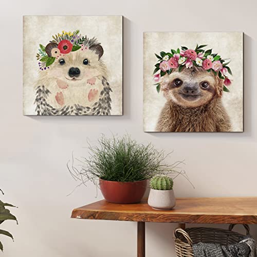 Oridomy Funny Sloth Wall Art Rustic Country Animal Canvas Print Sloth Wearing a Wreath Wall Decoration Vintage Animals Poster Collection Artwork for Bathroom Kitchen Kid's Room Nursery Decor 12x12inch