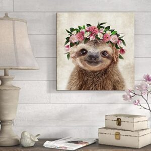 Oridomy Funny Sloth Wall Art Rustic Country Animal Canvas Print Sloth Wearing a Wreath Wall Decoration Vintage Animals Poster Collection Artwork for Bathroom Kitchen Kid's Room Nursery Decor 12x12inch