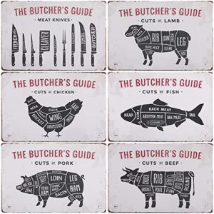 juxyes set of 6 metal vintage tin butcher guide poster prints retro cuts of meat art wall decor wall art sign for home kitchen restaurant bar pub shop, 30*20cm