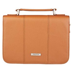 faith full grain leather bible book cover in saddle tan, large