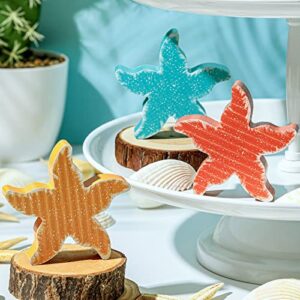 3 pcs ocean beach tiered tray decor items mini summer wooden sign set farmhouse rustic wood decorative nautical baby shower decorations for home office bedroom table shelf desk (starfish)
