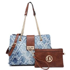 dasein hobo handbag vegan leather tote chain shoulder purse for women satchel bag with matching clutch (jean)