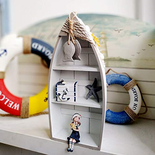 Morning View Wood Boat Shelf Decor Nautical Beach Theme Display Boat with 2 Shelves Standing Boat Shelf Wooden Boat Shelf Nautical Home Decor 6.7×3×16.5 Inch