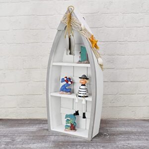 Morning View Wood Boat Shelf Decor Nautical Beach Theme Display Boat with 2 Shelves Standing Boat Shelf Wooden Boat Shelf Nautical Home Decor 6.7×3×16.5 Inch