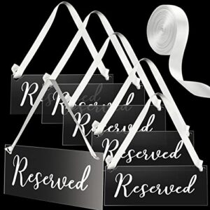6 pieces reserved signs for wedding chairs with a roll of ribbon acrylic reserved signs reserved table signs for wedding important events church pews chair and restaurant (white)