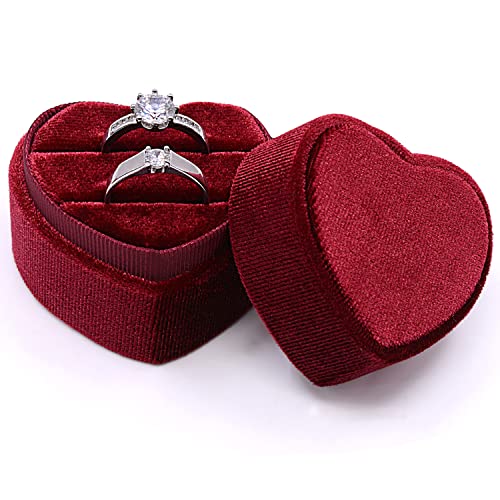 MYEBIUAI Velvet Ring Box Wine Red - Premium Gorgeous Heart Shape Double Ring Box Display Holder with Detachable Lid Ring Bearer Box for Proposal, Engagement, Wedding, Ceremony, Anniversary