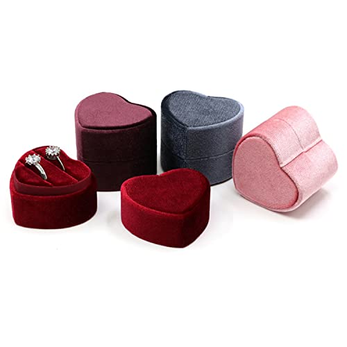 MYEBIUAI Velvet Ring Box Wine Red - Premium Gorgeous Heart Shape Double Ring Box Display Holder with Detachable Lid Ring Bearer Box for Proposal, Engagement, Wedding, Ceremony, Anniversary