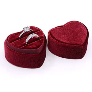 MYEBIUAI Velvet Ring Box Wine Red - Premium Gorgeous Heart Shape Double Ring Box Display Holder with Detachable Lid Ring Bearer Box for Proposal, Engagement, Wedding, Ceremony, Anniversary