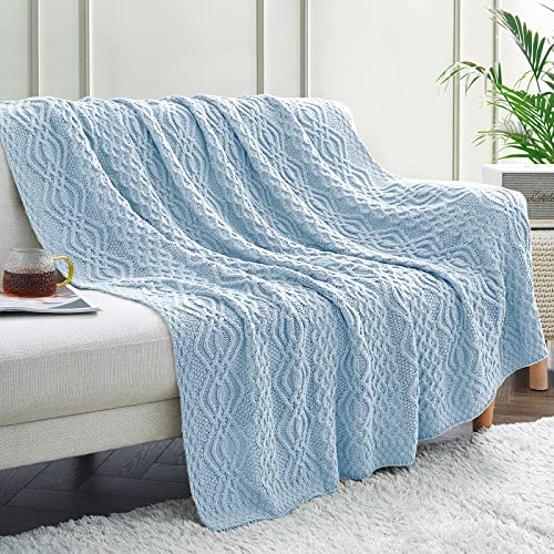 Aormenzy Light Blue Cable Knit Throw Blanket, Soft & Warm Knitted Blanket Throw for Couch Bed Sofa Living Room, 50 x 60 inch