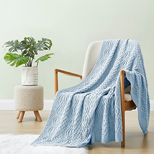 Aormenzy Light Blue Cable Knit Throw Blanket, Soft & Warm Knitted Blanket Throw for Couch Bed Sofa Living Room, 50 x 60 inch