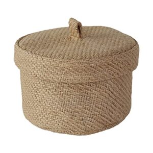 pretty comy round baskets with lid, decorative linen lidded storage baskets, small woven basket for organizing, 6.3 x 4.72 inch