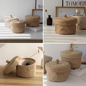 Pretty Comy Round Baskets with Lid, Decorative Linen Lidded Storage Baskets, Small Woven Basket for Organizing, 6.3 x 4.72 Inch