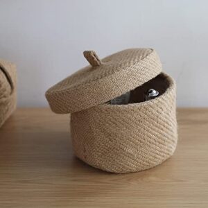 Pretty Comy Round Baskets with Lid, Decorative Linen Lidded Storage Baskets, Small Woven Basket for Organizing, 6.3 x 4.72 Inch