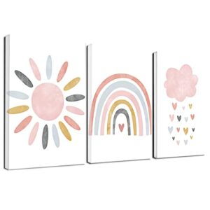 nicjoy pink cloud sun rainbow poster nursery wall art print child canvas painting nordic pictures kids room home decor 3psc/set (8x12inchx3(20x30cmx3),no frame)