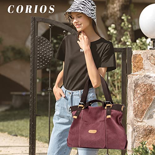 CORIOS Women Shoulder Bag Canvas Handbag Ladies Top Handle Bag Large Capacity Crossbody Bag Casual Messenger Bag Multifunctional Hobo Tote Bag for Travel Shopping Work Party Office Purple Coffee