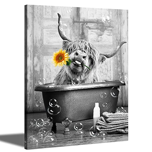 Rinsiken Highland Cow Wall Art in Bathtub Canvas Print - Black and White Photo Bubble Funny Cattle Pictures Animal Painting Farmhouse Artwork 12x16 inch for Wall