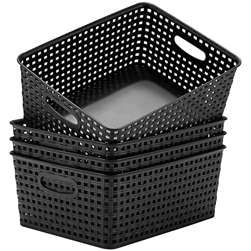 Eslite Plastic Storage Baskets for Organizing,11.42"X9"X4.7",Pack of 4 (Black)