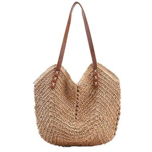 znmdok women straw tote bag summer beach bags large woven fishing net shoulder bag straw bag (round, khaki)