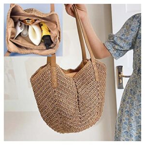 ZNMDOK Women Straw Tote Bag Summer Beach Bags Large Woven Fishing Net Shoulder Bag Straw Bag (Round, Khaki)