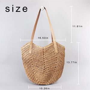 ZNMDOK Women Straw Tote Bag Summer Beach Bags Large Woven Fishing Net Shoulder Bag Straw Bag (Round, Khaki)