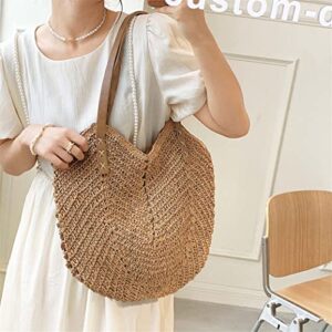 ZNMDOK Women Straw Tote Bag Summer Beach Bags Large Woven Fishing Net Shoulder Bag Straw Bag (Round, Khaki)