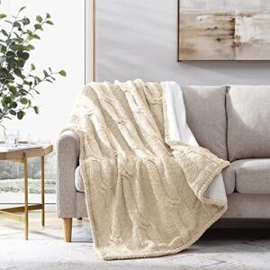 modern threads cable knit/sherpa throw aspen natural