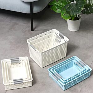 Whale Pocket 6 PCS Plastic Storage Basket, Slim White Organizer Tote Bin Shelf Baskets for Closet Organization, De-Clutter, Toys, Cleaning Products, Accessories 14 x 10x 3.4 in