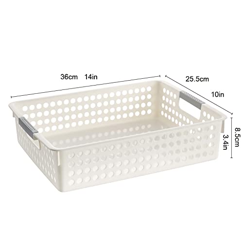 Whale Pocket 6 PCS Plastic Storage Basket, Slim White Organizer Tote Bin Shelf Baskets for Closet Organization, De-Clutter, Toys, Cleaning Products, Accessories 14 x 10x 3.4 in