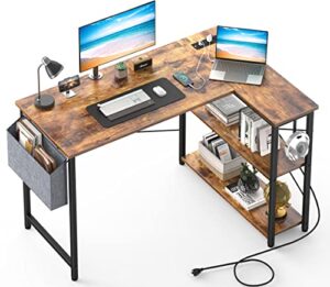 mr ironstone l shaped desk with outlets & usb ports, reversible 47 inch office desk, corner desk for small space with storage shelves for workstation, small desk with storage bag ＆ hook, rustic brown