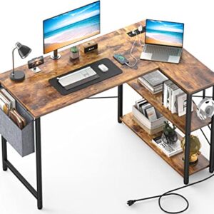 Mr IRONSTONE L Shaped Desk with Outlets & USB Ports, Reversible 47 Inch Office Desk, Corner Desk for Small Space with Storage Shelves for Workstation, Small Desk with Storage Bag ＆ Hook, Rustic Brown