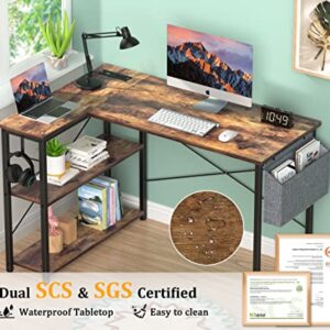 Mr IRONSTONE L Shaped Desk with Outlets & USB Ports, Reversible 47 Inch Office Desk, Corner Desk for Small Space with Storage Shelves for Workstation, Small Desk with Storage Bag ＆ Hook, Rustic Brown