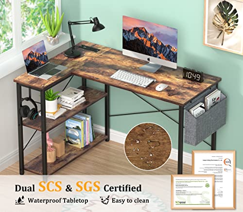 Mr IRONSTONE L Shaped Desk with Outlets & USB Ports, Reversible 47 Inch Office Desk, Corner Desk for Small Space with Storage Shelves for Workstation, Small Desk with Storage Bag ＆ Hook, Rustic Brown