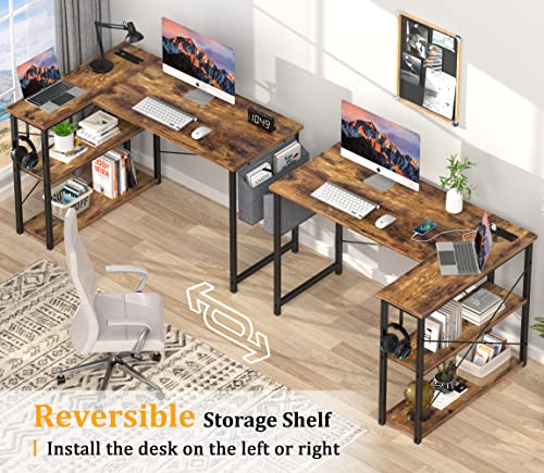 Mr IRONSTONE L Shaped Desk with Outlets & USB Ports, Reversible 47 Inch Office Desk, Corner Desk for Small Space with Storage Shelves for Workstation, Small Desk with Storage Bag ＆ Hook, Rustic Brown