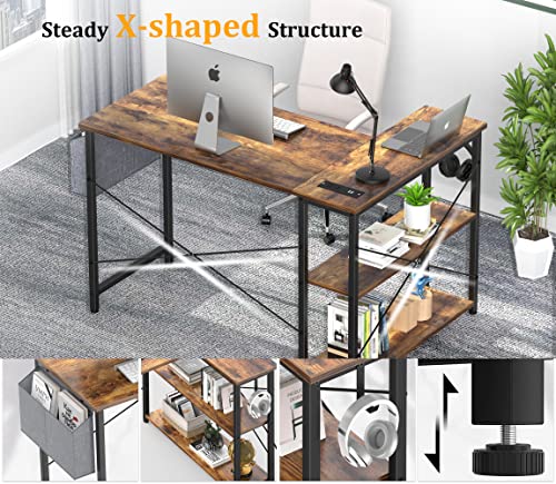 Mr IRONSTONE L Shaped Desk with Outlets & USB Ports, Reversible 47 Inch Office Desk, Corner Desk for Small Space with Storage Shelves for Workstation, Small Desk with Storage Bag ＆ Hook, Rustic Brown