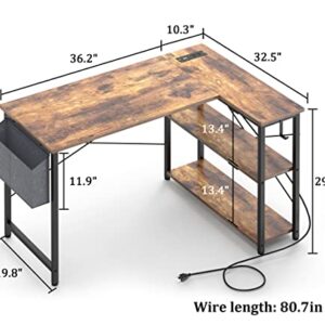 Mr IRONSTONE L Shaped Desk with Outlets & USB Ports, Reversible 47 Inch Office Desk, Corner Desk for Small Space with Storage Shelves for Workstation, Small Desk with Storage Bag ＆ Hook, Rustic Brown