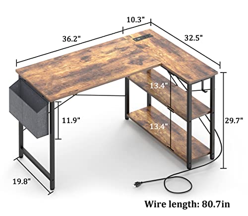 Mr IRONSTONE L Shaped Desk with Outlets & USB Ports, Reversible 47 Inch Office Desk, Corner Desk for Small Space with Storage Shelves for Workstation, Small Desk with Storage Bag ＆ Hook, Rustic Brown