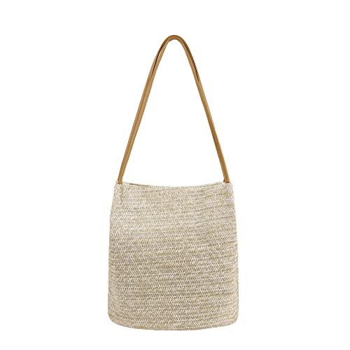 Women Straw Shoulder Bag Bucket Bag Beach Hobo Handbag Top Handle Satchel Purse for Summer, Light Beige