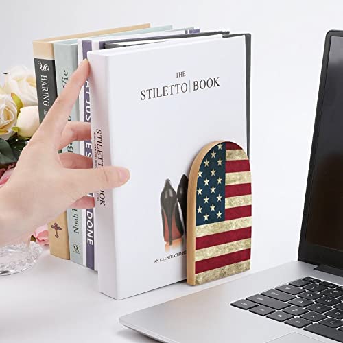 Hon-Lally American Flag USA Bald Eagle Pattern Wood Bookends Decorative Bookend Non-Skid Office Book Stand for Books Office Files Magazine