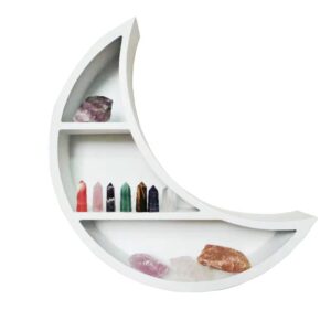 kirpi crescent moon shelf for crystals, white floating moon shelf hanging, wall art floating shelves for bathroom, boho decorative hanging moon shelves,17”x 15”x 3” (white style 2)